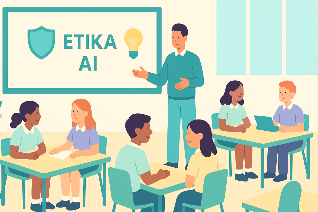 Teacher explaining AI ethics ("ETIKA AI") to students in a classroom.