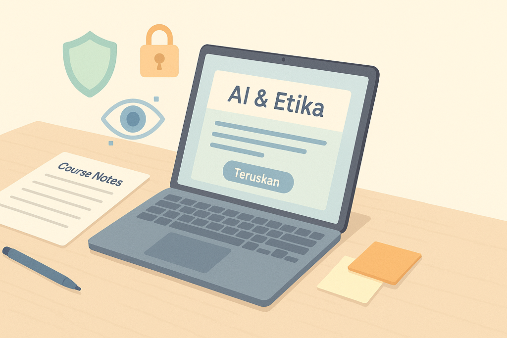 Laptop displaying "AI & Etika" course, course notes, and security icons. "Teruskan" button visible.