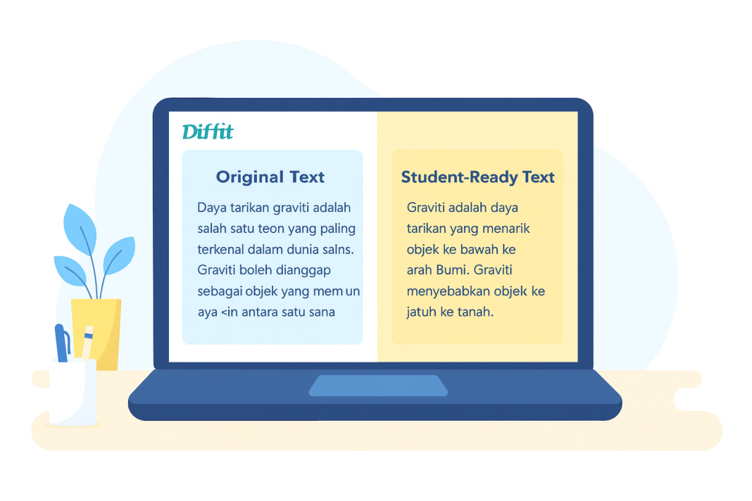 Laptop displaying "Original Text" and "Student-Ready Text" in Bahasa Indonesia, illustrating text simplification for students using the Diffit app.
