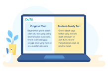 Aplikasi Diffit: Salah Satu Alat AI untuk Guru Cuba Laptop displaying "Original Text" and "Student-Ready Text" in Bahasa Indonesia, illustrating text simplification for students using the Diffit app.
