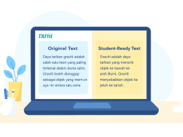 Laptop displaying "Original Text" and "Student-Ready Text" in Bahasa Indonesia, illustrating text simplification for students using the Diffit app.