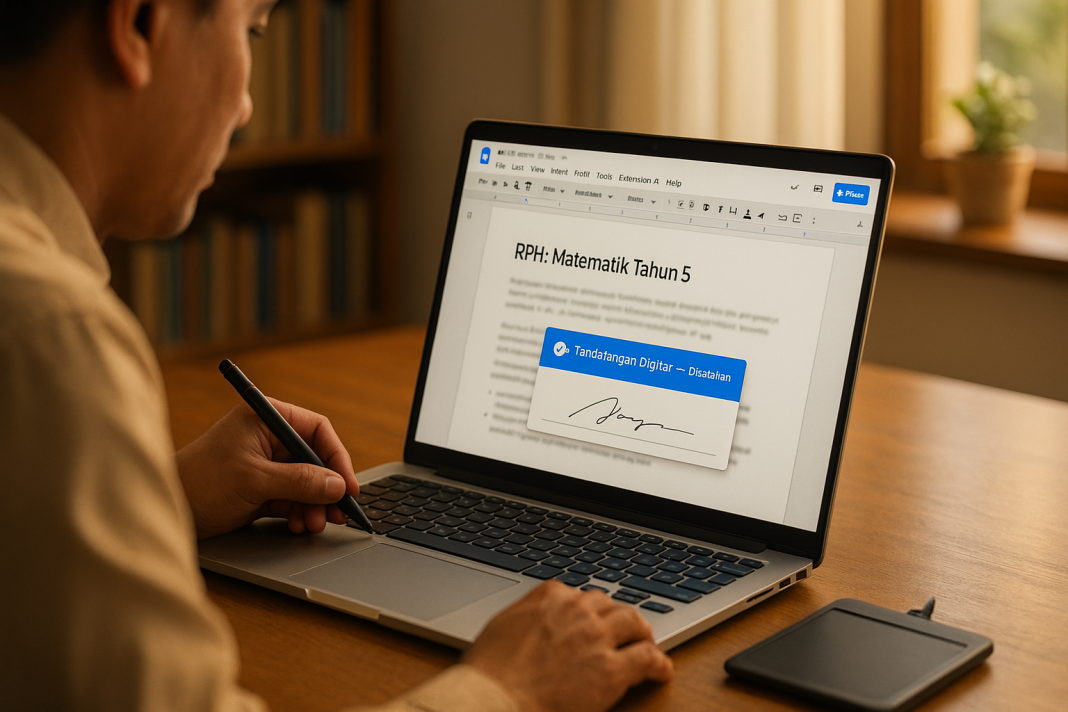 Cara Guna E-Signature di Google Doc: Tip & Trik Mudahkan Kerja Guru Person using a stylus to digitally sign a document on a laptop, showing "Tandatangan Digitar" and a signature. RPH: Matematik Tahun 5