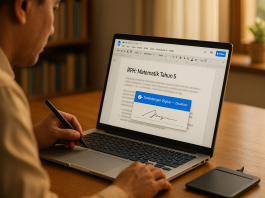 Person using a stylus to digitally sign a document on a laptop, showing "Tandatangan Digitar" and a signature. RPH: Matematik Tahun 5
