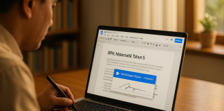 Cara Guna E-Signature di Google Doc: Tip & Trik Mudahkan Kerja Guru Person using a stylus to digitally sign a document on a laptop, showing "Tandatangan Digitar" and a signature. RPH: Matematik Tahun 5