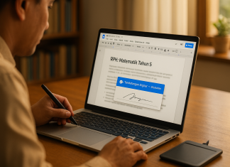 Cara Guna E-Signature di Google Doc: Tip & Trik Mudahkan Kerja Guru Person using a stylus to digitally sign a document on a laptop, showing "Tandatangan Digitar" and a signature. RPH: Matematik Tahun 5