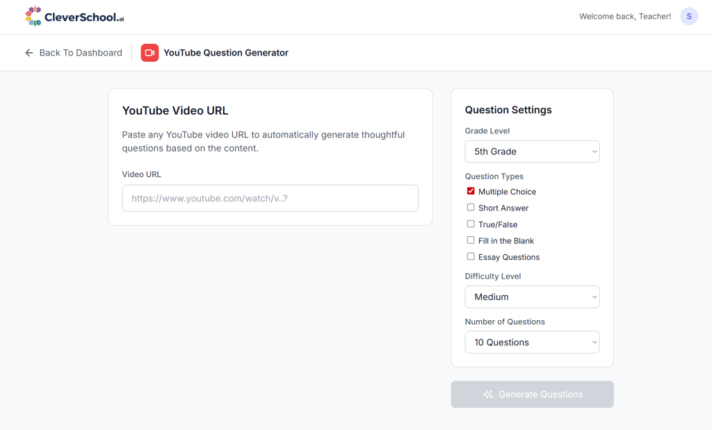 CleverSchool.ai interface: YouTube video question generator settings for 5th grade.