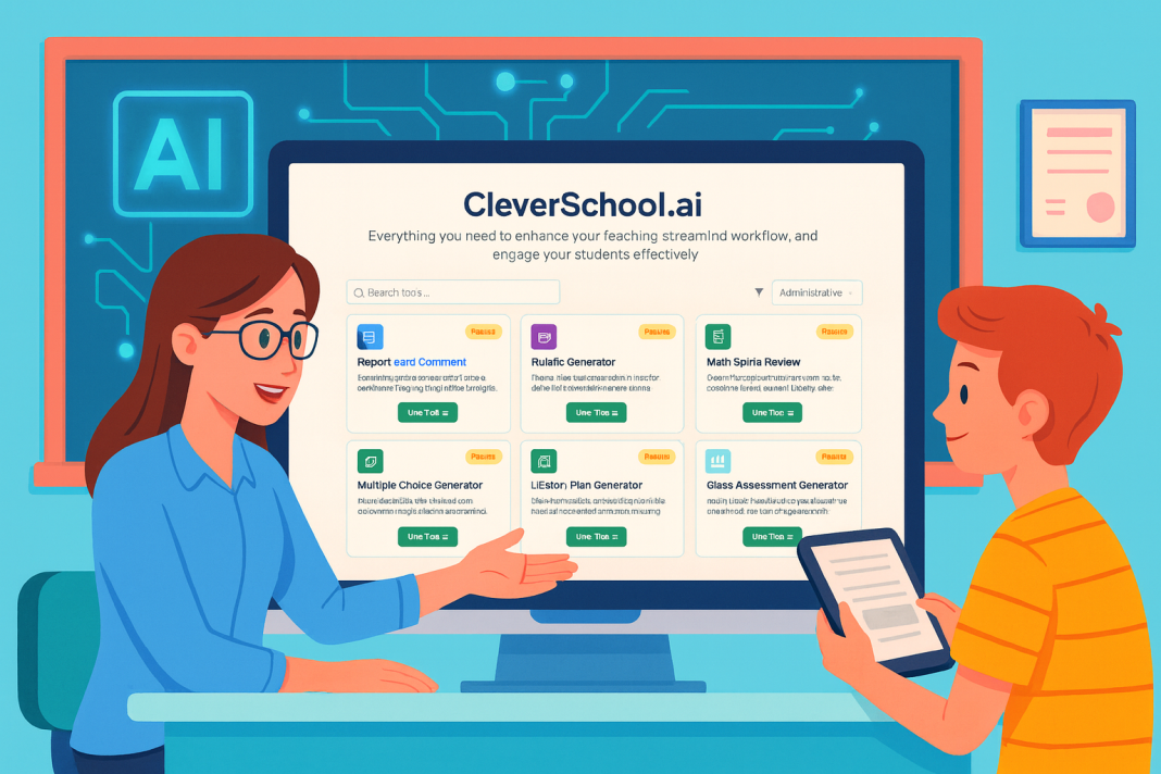 CleverSchool.ai: Sahabat AI Percuma untuk Guru Teacher and student using CleverSchool.ai, a free AI tool for teachers. The website shows features like report card comments and assessment generators.