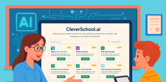 CleverSchool.ai: Sahabat AI Percuma untuk Guru Teacher and student using CleverSchool.ai, a free AI tool for teachers. The website shows features like report card comments and assessment generators.