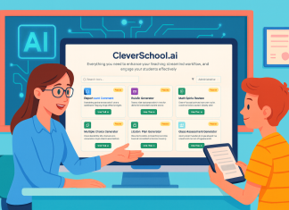 CleverSchool.ai: Sahabat AI Percuma untuk Guru Teacher and student using CleverSchool.ai, a free AI tool for teachers. The website shows features like report card comments and assessment generators.