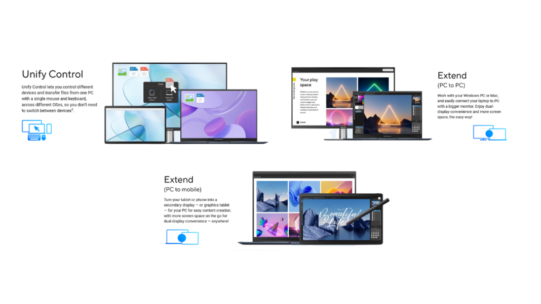 GlideX cross-device control: PC, tablet, and phone seamlessly working together. Multiple screens display productivity.