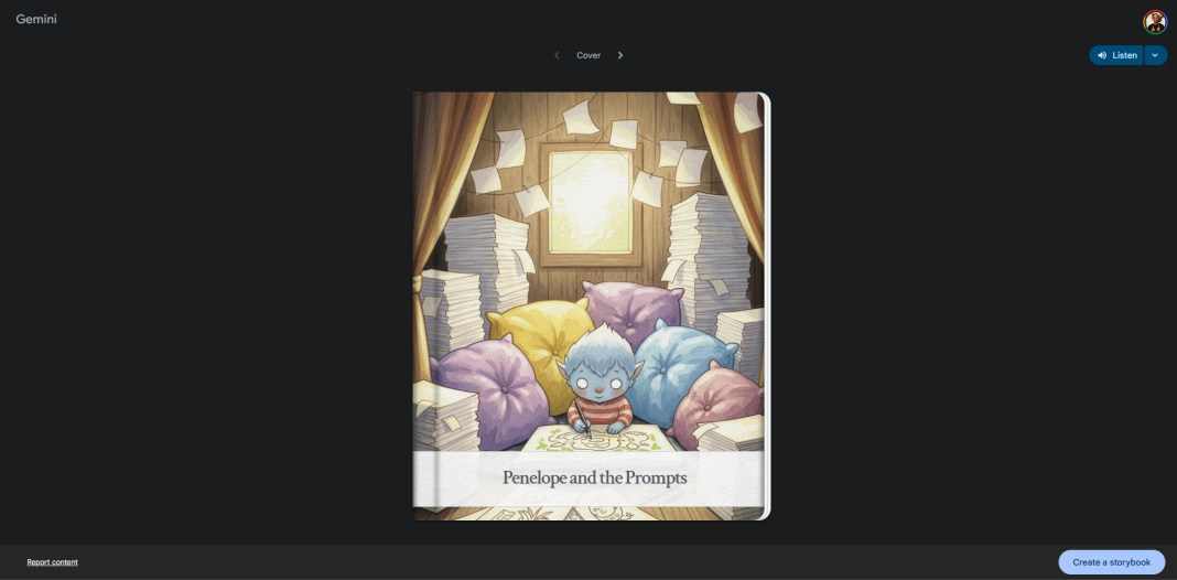 Cover of "Penelope and the Prompts," a children's storybook featuring a blue creature drawing amidst stacks of papers and pillows.