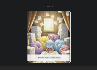 Google Gems: Storybook AI Tools Seperti GPTs Khas untuk Membina Buku Cerita Bergambar Cover of "Penelope and the Prompts," a children's storybook featuring a blue creature drawing amidst stacks of papers and pillows.