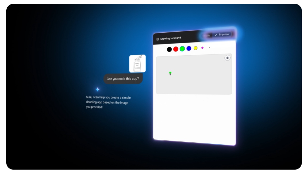 Jom Eksplorasi Canvas Gemini Interface mockup of a simple drawing app, titled "Drawing to Sound," with color palette and preview button.