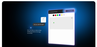 Jom Eksplorasi Canvas Gemini Interface mockup of a simple drawing app, titled "Drawing to Sound," with color palette and preview button.