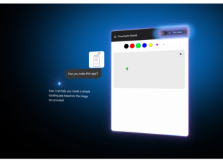 Jom Eksplorasi Canvas Gemini Interface mockup of a simple drawing app, titled "Drawing to Sound," with color palette and preview button.
