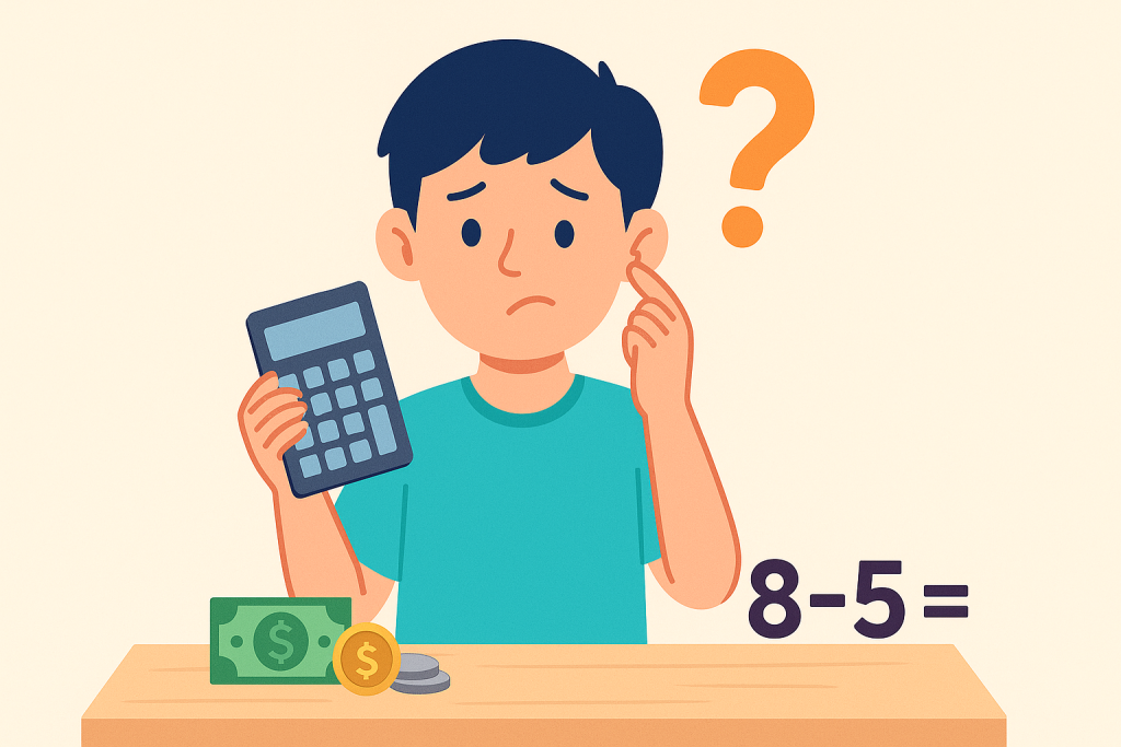 Boy struggles with 8-5= math problem, using calculator and money.