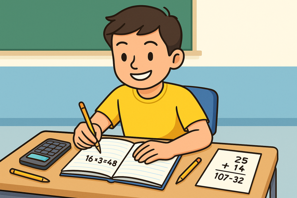 Boy solving math problems in classroom. 16 x 3 = 48; 25 + 14; 107 - 32