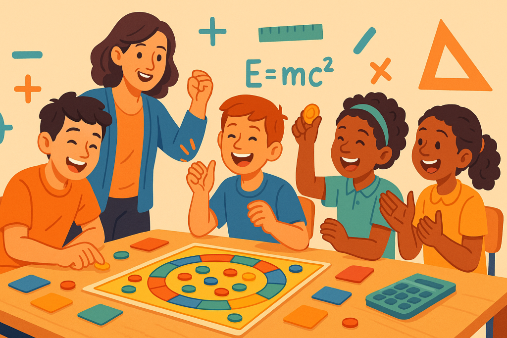 Happy children and teacher playing a board game, learning about money.