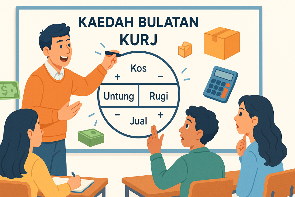 Teacher explains Kaedah Bulatan KURJ, a visual method for simplifying finance, to students.