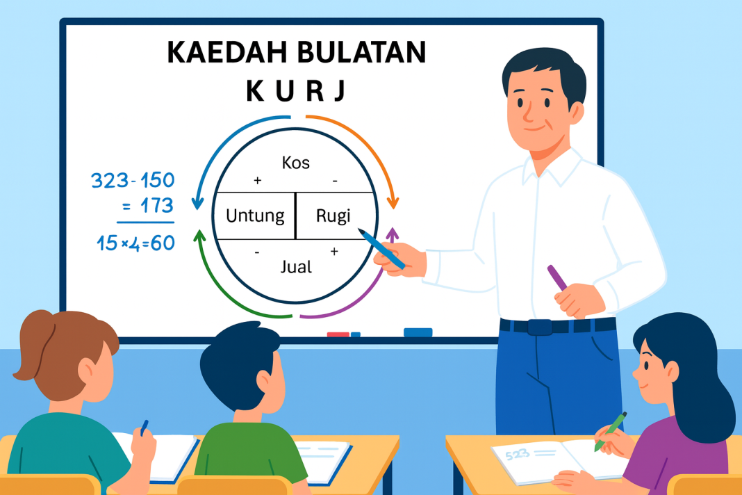 Teacher explaining Kaedah Bulatan KURJ, a visual method for simplifying financial topics, to students.