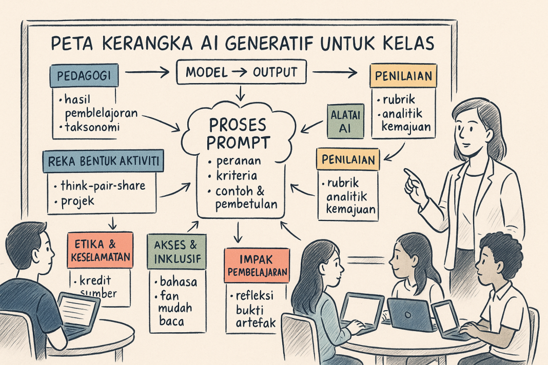 Kerangka AI Generatif: Panduan Australia untuk Inspirasi Sekolah di Malaysia Diagram outlining a generative AI framework for classroom use, including pedagogy, model, output, prompt processes, assessment, and ethical considerations.