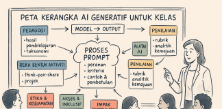 Kerangka AI Generatif: Panduan Australia untuk Inspirasi Sekolah di Malaysia Diagram outlining a generative AI framework for classroom use, including pedagogy, model, output, prompt processes, assessment, and ethical considerations.