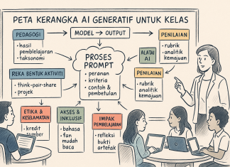 Kerangka AI Generatif: Panduan Australia untuk Inspirasi Sekolah di Malaysia Diagram outlining a generative AI framework for classroom use, including pedagogy, model, output, prompt processes, assessment, and ethical considerations.