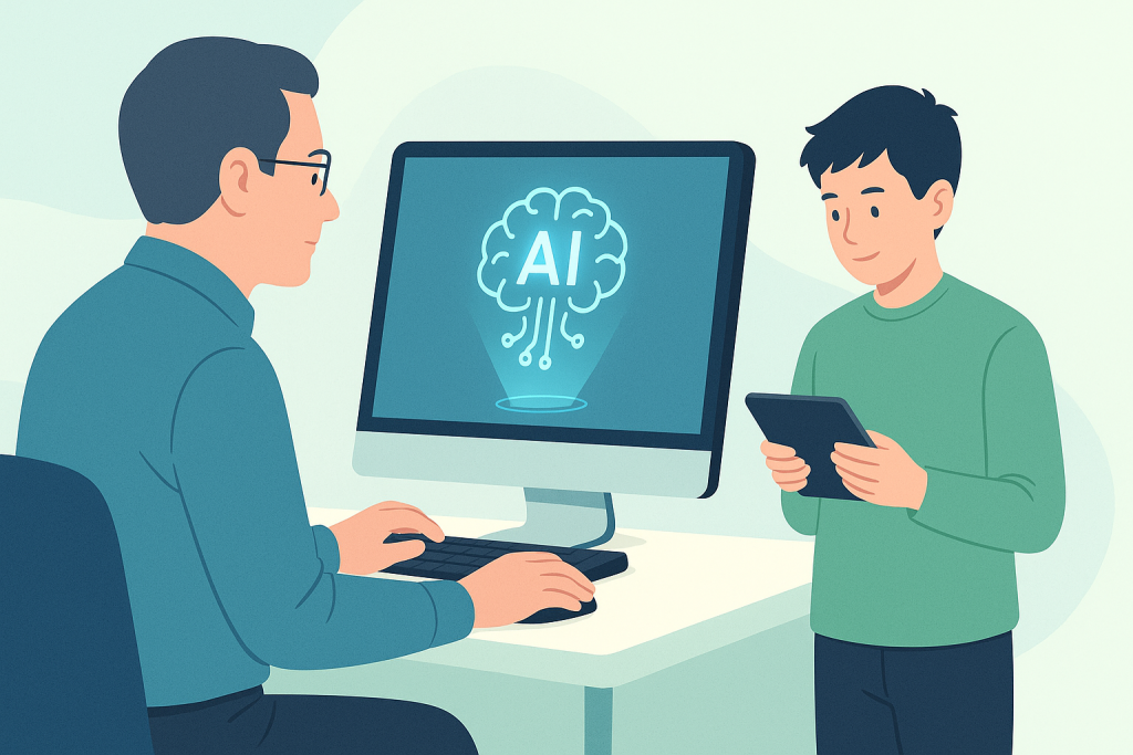 Man and boy view AI brain graphic on computer screen; boy holds tablet.