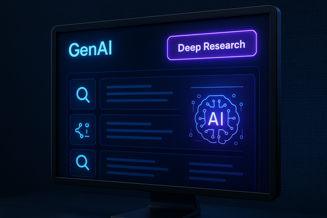 Ketahui Fungsi 'Deep Research' untuk Setiap GenAI Bagi Pengguna Akaun Percuma GenAI Deep Research interface: AI brain icon, search & share buttons. Free account users.