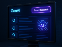GenAI Deep Research interface: AI brain icon, search & share buttons. Free account users.