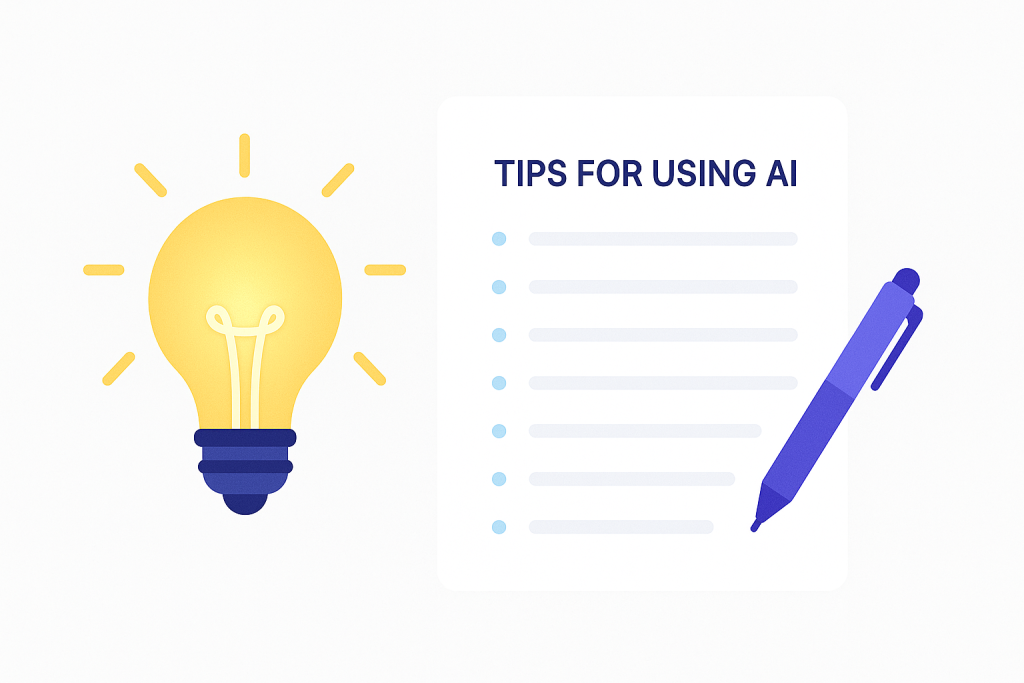 Tips for using AI: Lightbulb and pen on checklist.