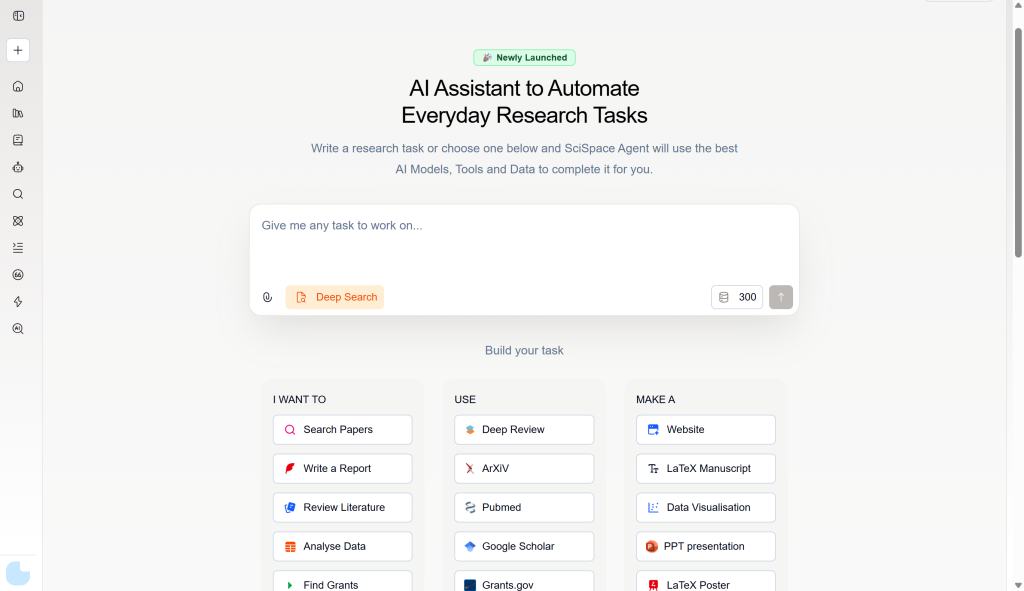 Screenshot of a research AI assistant interface showing options for "Deep Search," "Search Papers," "Write a Report," and other research tasks. Free account users can utilize "Deep Research" functionality.