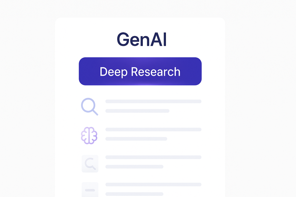 GenAI Deep Research interface showing search and brain icons. Free account features.