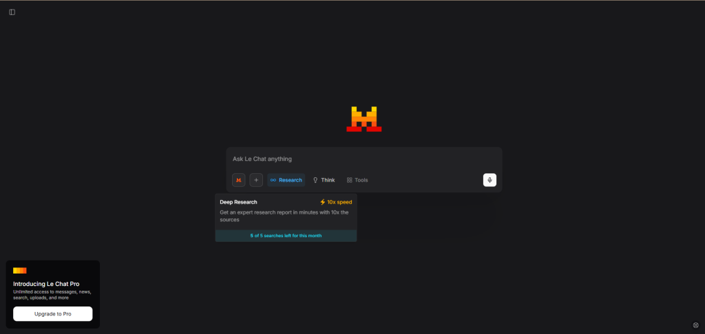 Le Chat AI interface showing "Deep Research" feature with 10x speed and limited free searches remaining.