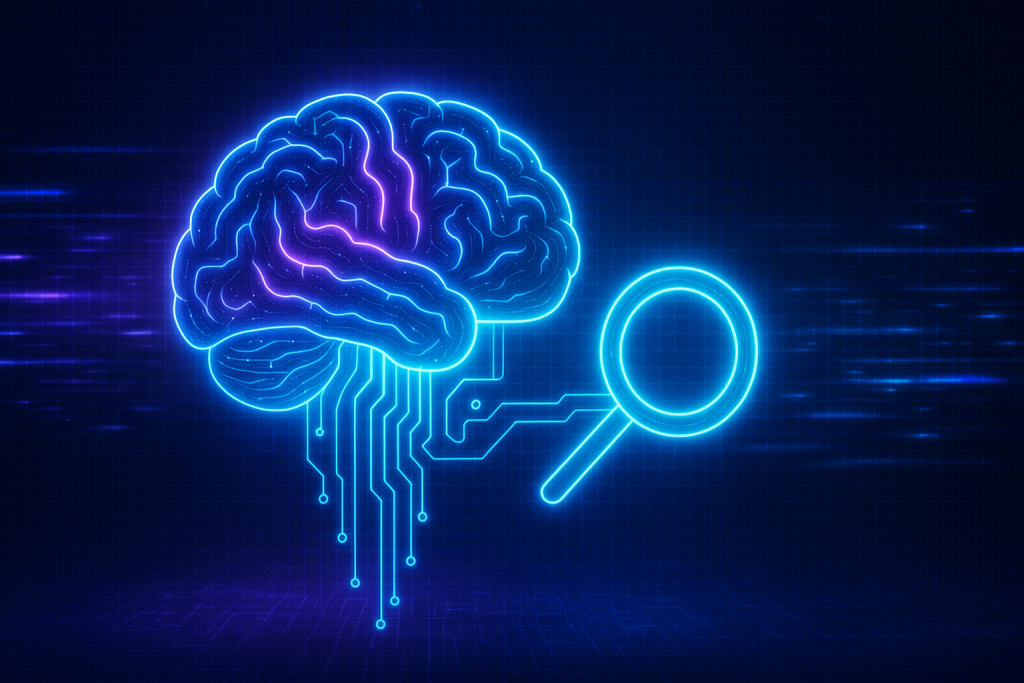 Abstract glowing brain with circuit board and magnifying glass, representing AI deep research.