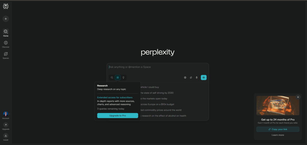 Perplexity AI interface showing "Deep research on any topic" and limited free queries. Upgrade to Pro option is also visible.