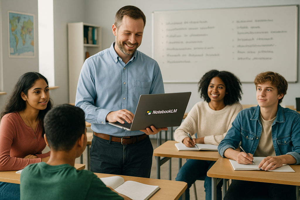 Teacher using NotebookLM laptop to engage diverse students in a classroom.