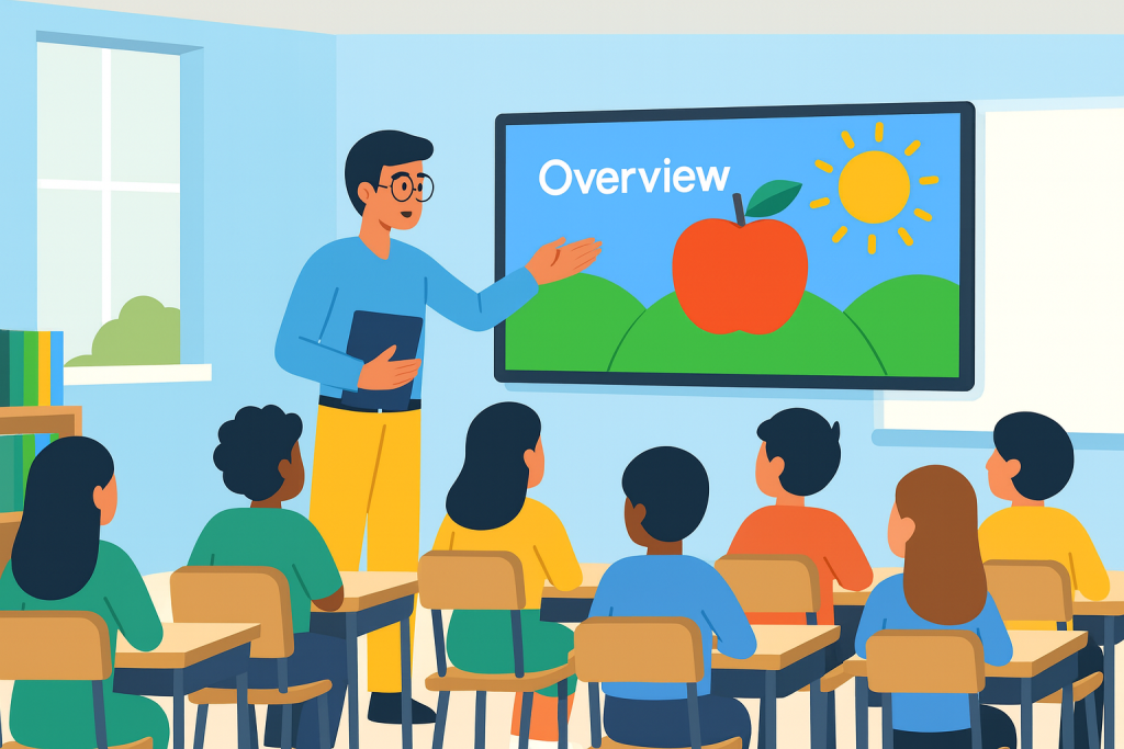 Teacher presenting a video overview in a classroom. The screen shows an apple and sun.
