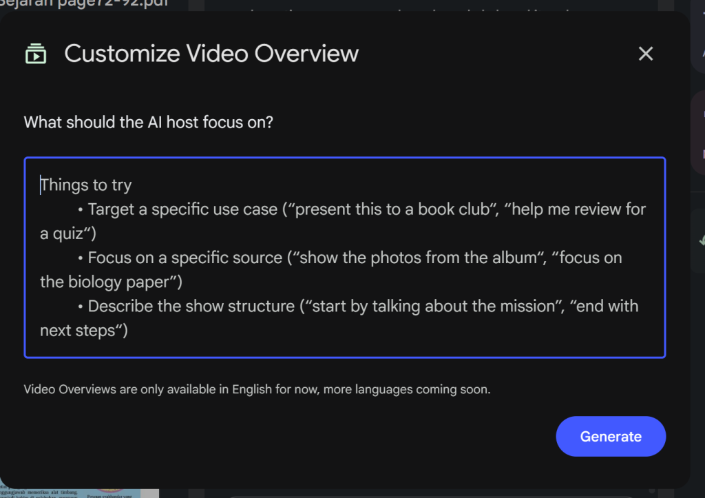NotebookLM interface showing options to customize video overview in Bahasa Melayu.