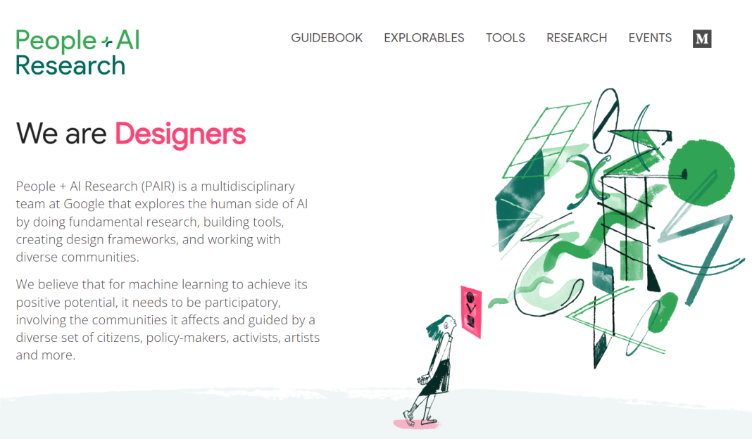 PAIR : Platform untuk 'Deep Dive' Tentang Kajian AI dan Manusia Illustration of a girl interacting with abstract AI design elements. PAIR research on human-AI interaction.