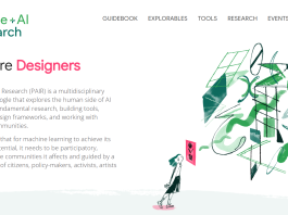 Illustration of a girl interacting with abstract AI design elements. PAIR research on human-AI interaction.