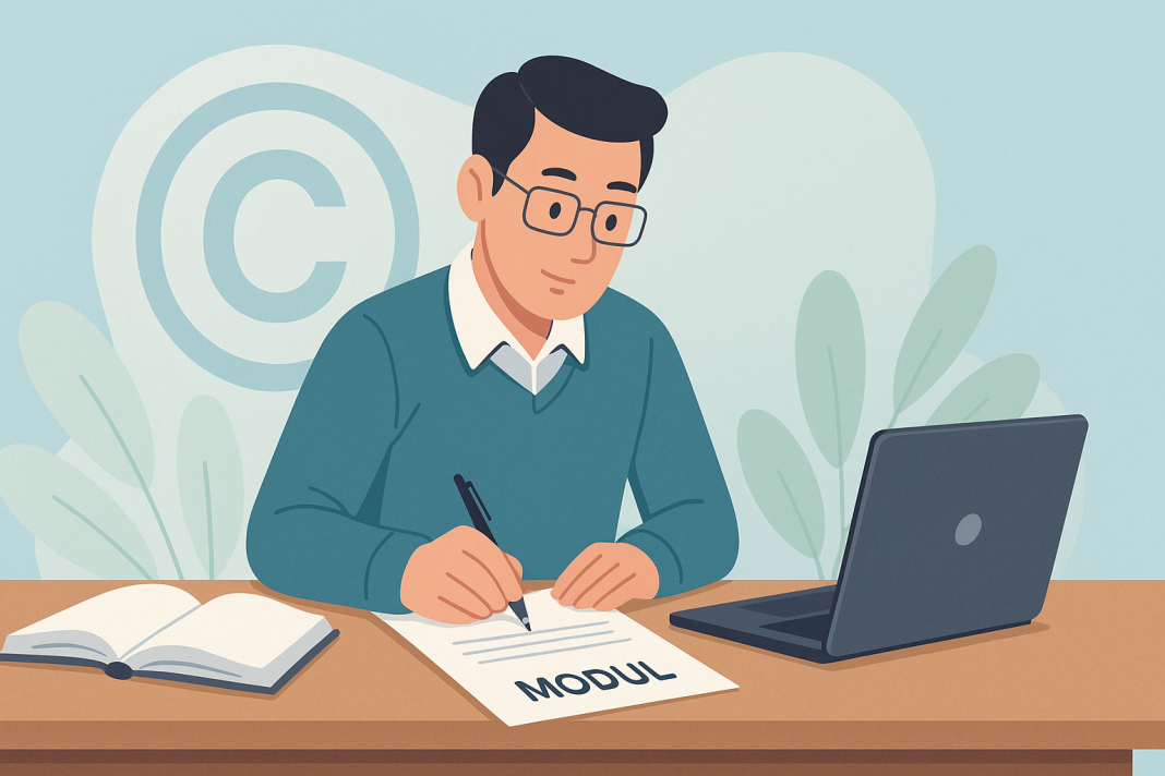 Panduan Mudah untuk Guru Daftar Karya dan Inovasi di MyIPO (Hak Cipta) Man writing "Modul" document, laptop and book nearby. Copyright symbol in background.
