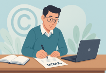 Panduan Mudah untuk Guru Daftar Karya dan Inovasi di MyIPO (Hak Cipta) Man writing "Modul" document, laptop and book nearby. Copyright symbol in background.