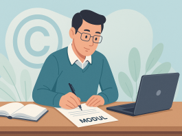 Man writing "Modul" document, laptop and book nearby. Copyright symbol in background.