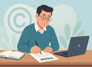 Panduan Mudah untuk Guru Daftar Karya dan Inovasi di MyIPO (Hak Cipta) Man writing "Modul" document, laptop and book nearby. Copyright symbol in background.