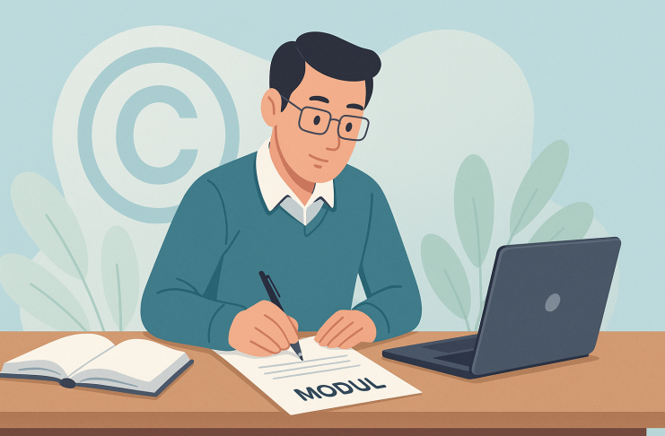 Man writing "Modul" document, laptop and book nearby. Copyright symbol in background.