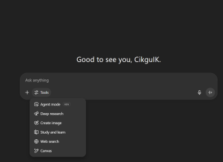 Study Mode ChatGPT: Tutor Digital Interaktif Untuk Semua ChatGPT interface showing "Study and learn" tool in the tools menu. "Good to see you, CikgulK." greeting displayed.