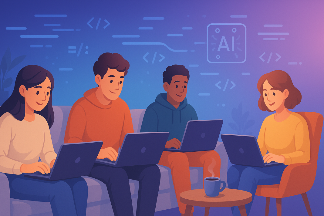 Vibe Coding: Hobi Baru Mengisi Masa Lapang Four diverse programmers collaborate on laptops, working on AI projects.