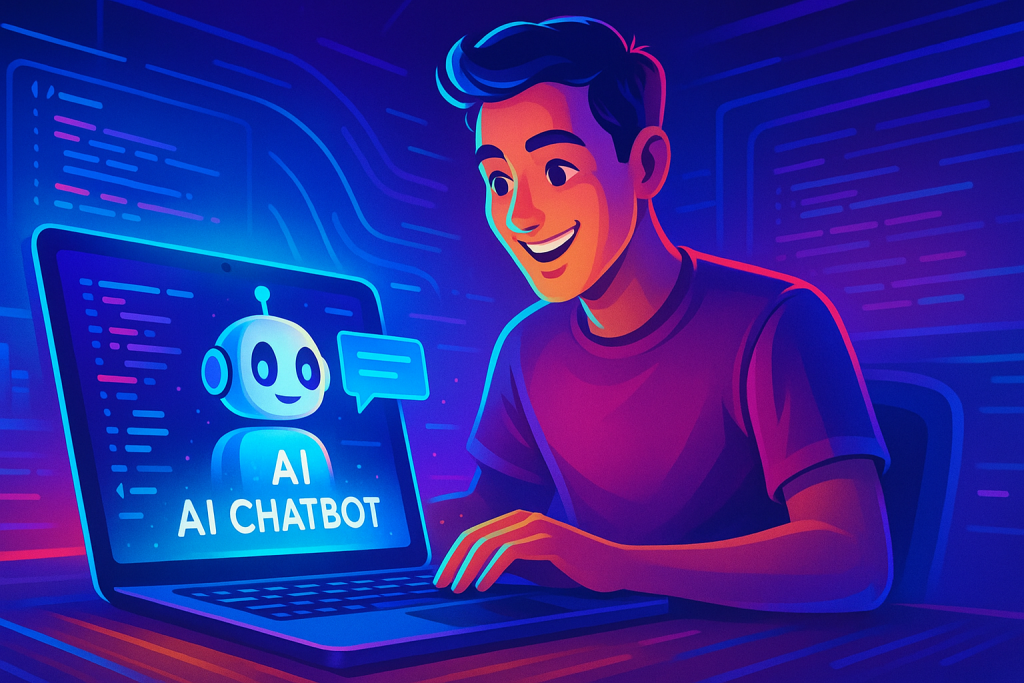 Man coding AI chatbot on laptop. AI Chatbot displayed on screen.