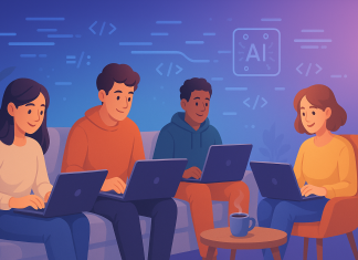 Vibe Coding: Hobi Baru Mengisi Masa Lapang Four diverse programmers collaborate on laptops, working on AI projects.